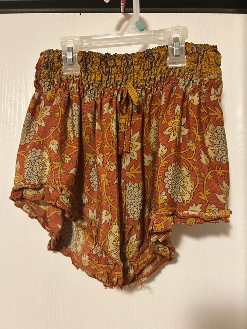 Boho Floral Ruffle Elastic Waist Shorts - Rust & Mustard